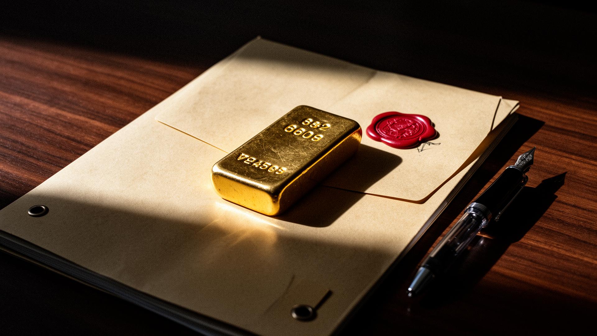 Goldbarren auf versiegeltem Dossier mit rotem Wachssiegel und Füllfederhalter